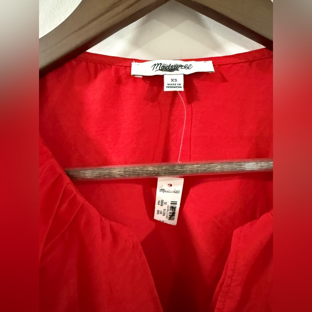 Madewell Ruffled Y-Neck Cotton-Silk Top Festival Red XS Puff Sleeve NWT - Picture 4 of 11